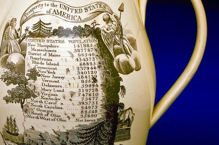 BeschlossDC's tweet image. Congress ordered 1st US census today 1790—this pitcher emblazoned by population figures (via @amhistorymuseum)