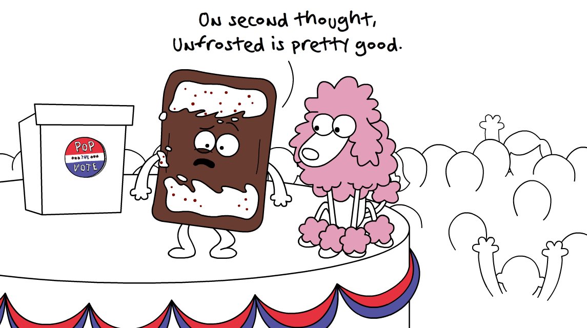 PopTartsUS's tweet photo. Cookies ‘n Creme flip flops on frosting vote. Can voters trust him? Can that poodle back off a bit? #PopTheVote2016 https://t.co/IiguH3V8j8