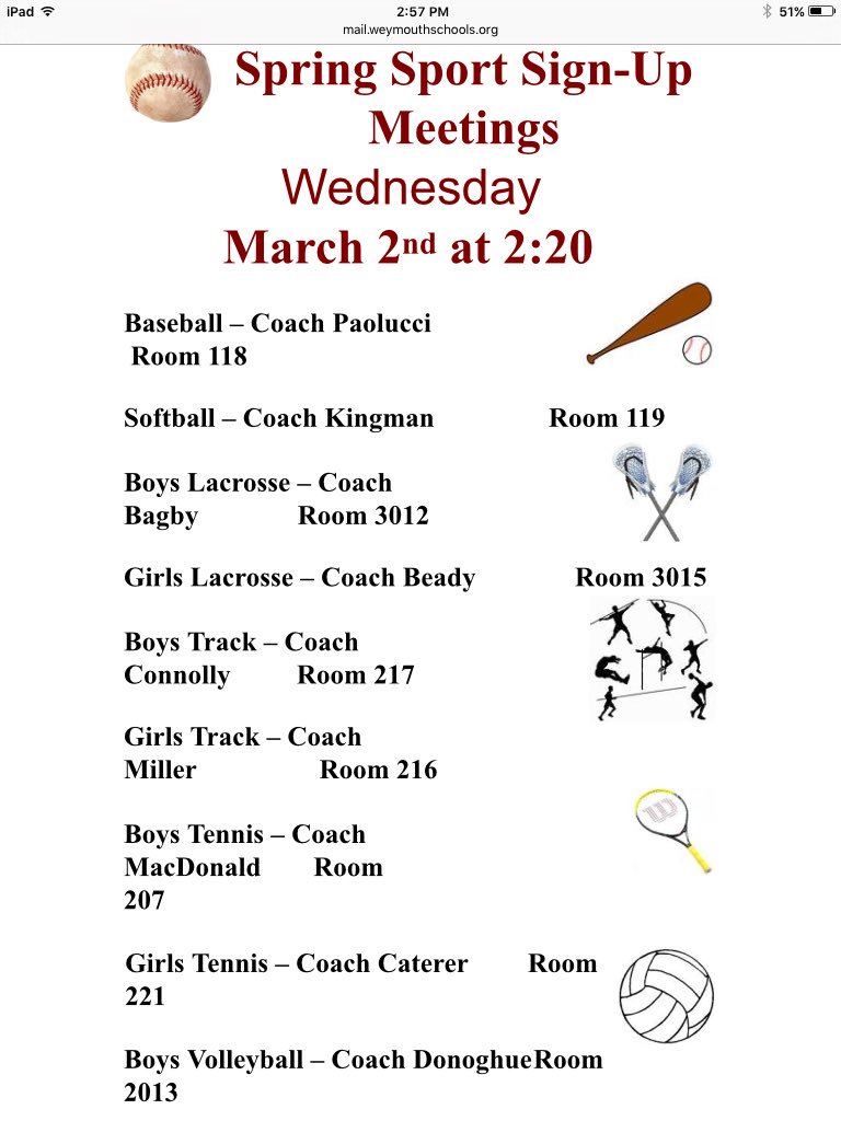 Spring sports meetings are tomorrow after school!  Get involved in athletics and play a spring sport.