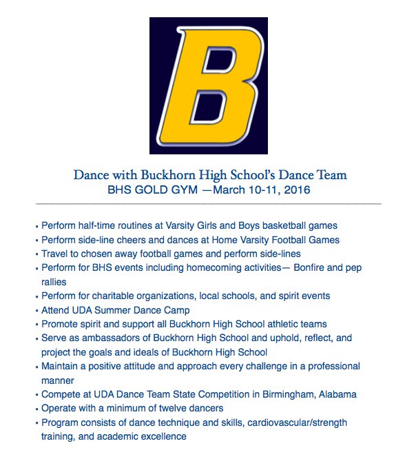 BuckhornDance's tweet photo. DANCE TEAM TRYOUTS March 10th&amp;11th in the Gold Gym from 3:30-7:30. Try out packet and info @ https://t.co/jcTd78BZHn https://t.co/M0uWZlanLC