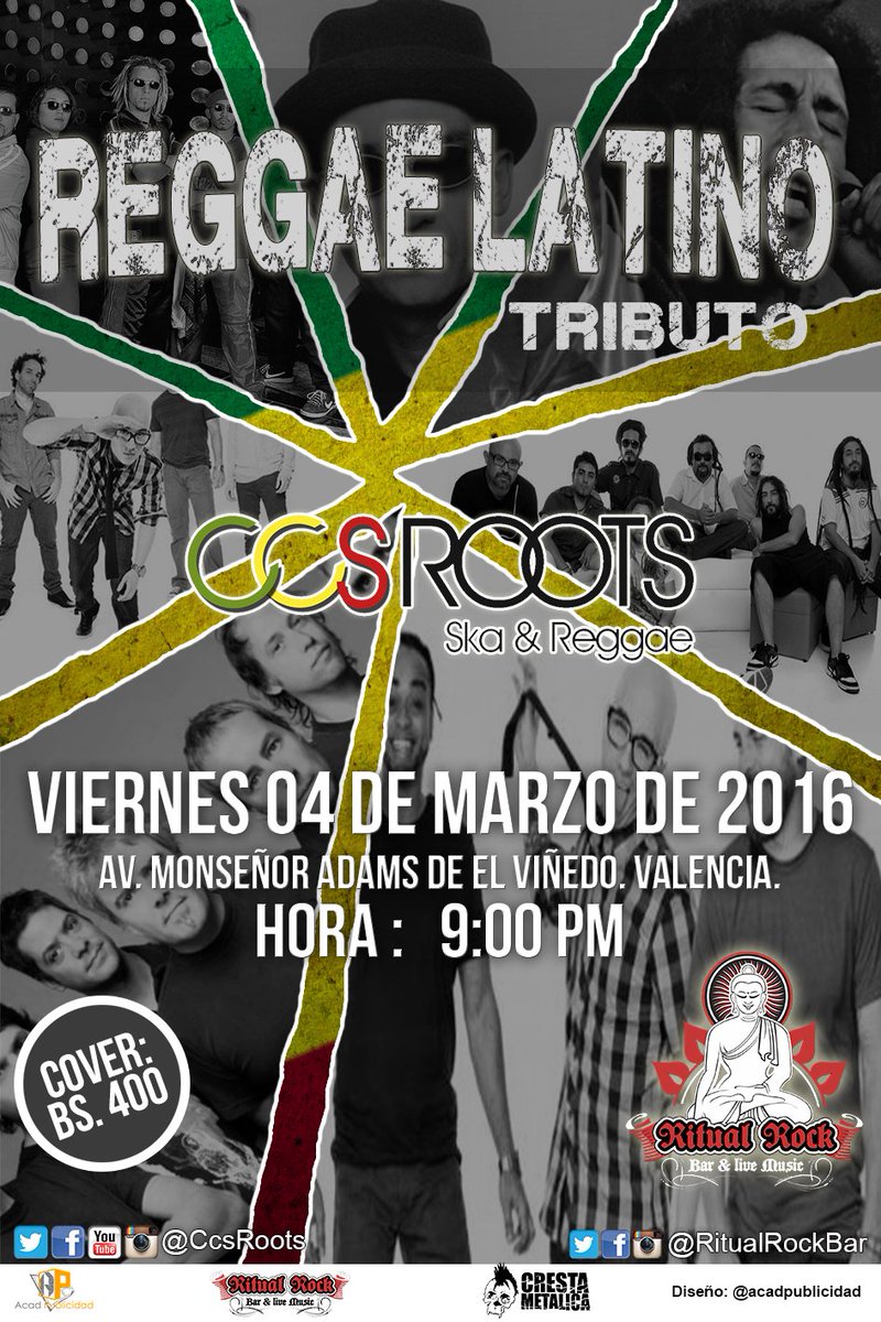 laradiodeaca's tweet photo. @CcsRoots llega este 04/03 a @RitualRockBar Valencia con su Tributo al #ReggaeLatino y del Caribe. ¡Impelable! https://t.co/mZkUSTkv4o