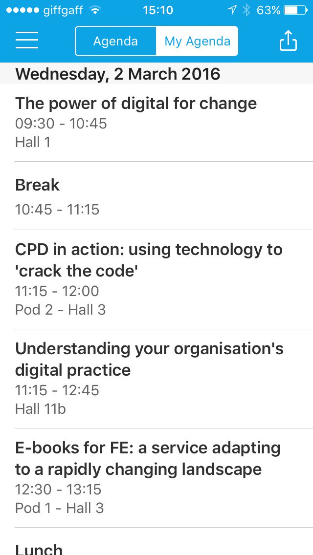 Tech4Learn1ng's tweet photo. Great #digifest16 app but how to decide which workshops to go to?  #spoiltforchoice :-) https://t.co/fC6PzGgMxP