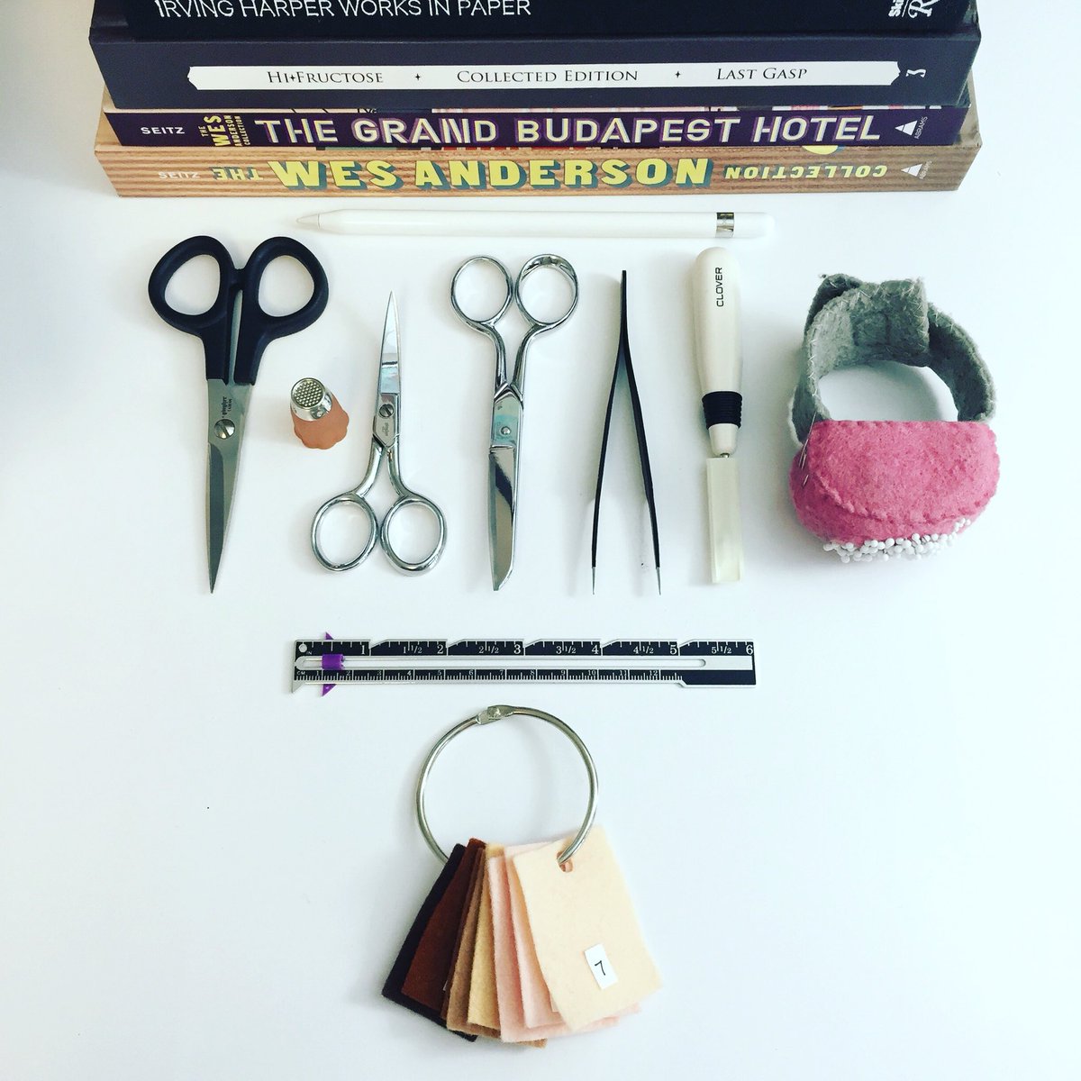 elenicreative's tweet photo. My tools and inspiration.
#wesanderson #hifructose #irvingharper #gingherscissors #felt https://t.co/xLiCgKxqxo