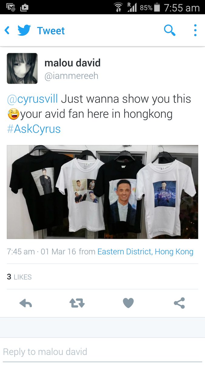 ClLeong2's tweet photo. @mhel7569 @iammereeh A die hard fan of @cyrusvill  from Hong Kong. She #KeepTalking https://t.co/HlWM3HLjPR