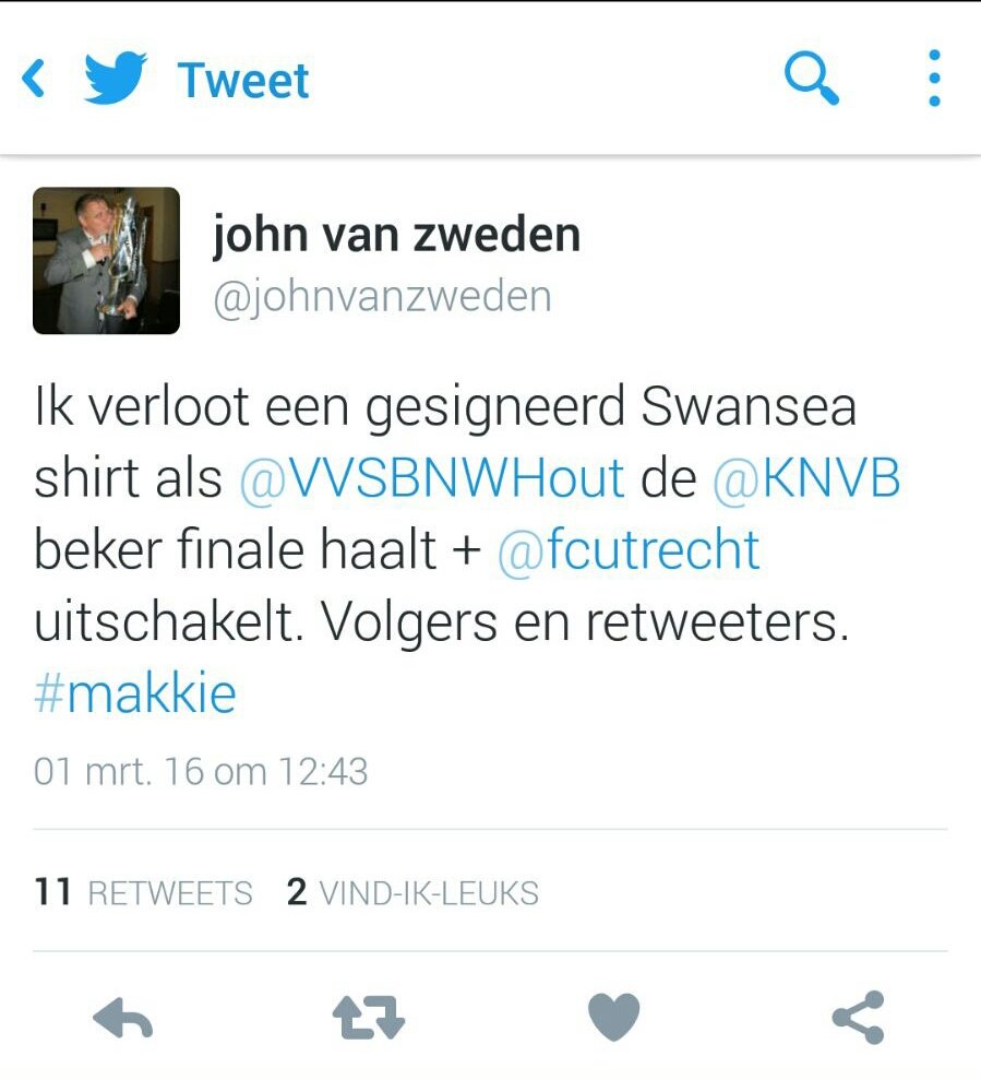 Wij verloten een gesigneerd <a href="/fcutrecht/">FC Utrecht</a>  shirt als het Swansea van <a href="/johnvanzweden/">John van Zweden</a> degradeert. Volgers en retweeters.