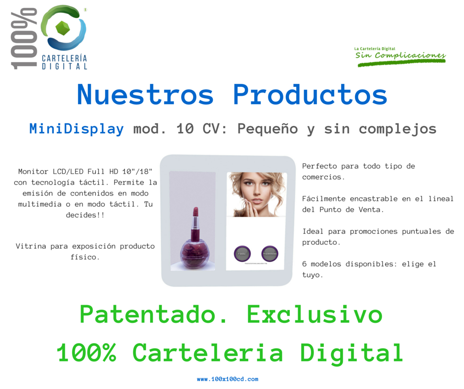 100x100CD's tweet image. Nuestros #productos, #minidisplay, pequeño y sin complejos, #carteleriadigital para #pymes