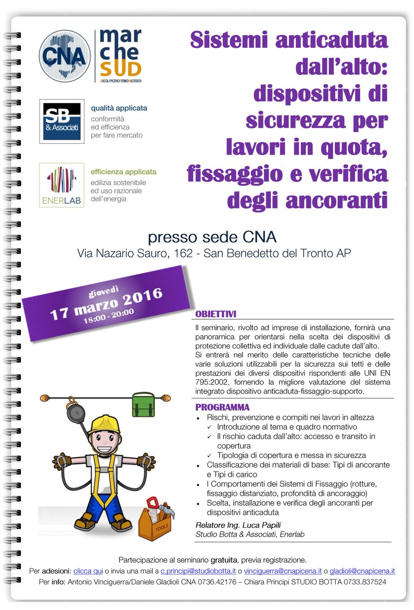 StudioBottaAss's tweet photo. 17.03.16 #cnasanbenedettodeltronto Seminario Sistemi #anticaduta dall’alto #dpi
Iscrizioni: https://t.co/XTrfvCSUir https://t.co/d8k67kf2dF
