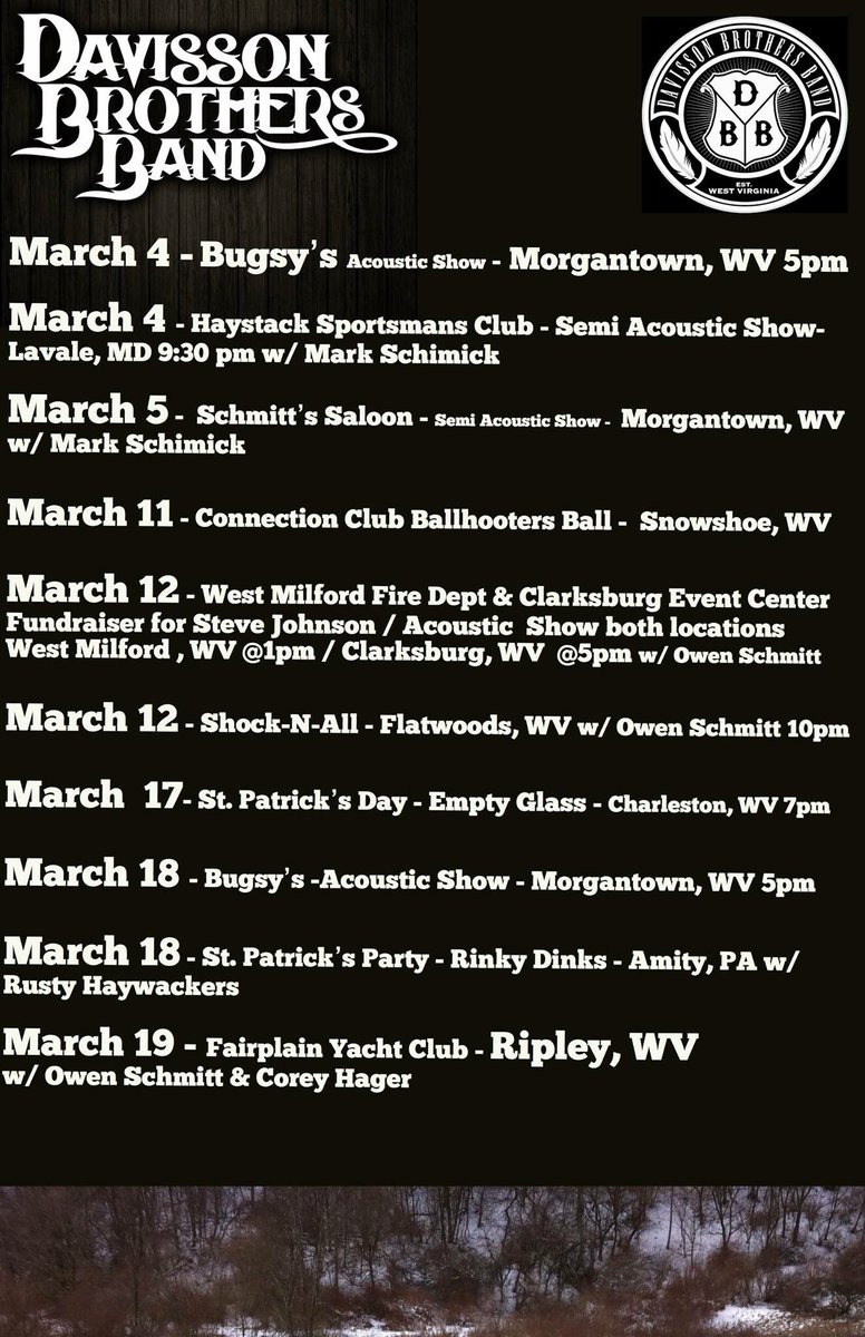 DavissonBroBand's tweet photo. Get your schedules set for the next couple of weeks! New music coming your way at each show #davissonbros https://t.co/OzMiww1He1