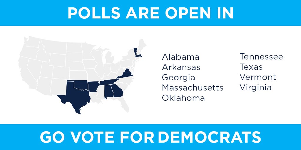 TheDemocrats's tweet photo. Happy #SuperTuesday, Democrats! If you live in one of these states, make sure you vote today ↓ https://t.co/nkHYIeFGEj