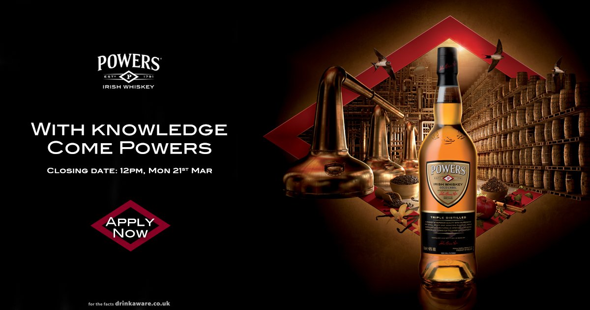 PowersWhiskeyNI's tweet photo. Powers Irish Whiskey is looking for a full time Ambassador in Northern Ireland. Apply now: https://t.co/QFOeOCqUEU https://t.co/eQvrykK62g