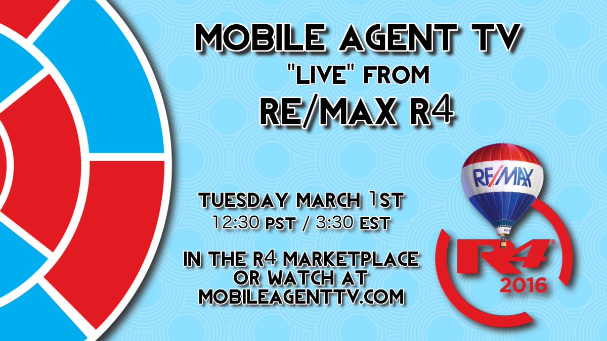 MobileAgentTV's tweet photo. "LIVE" in the #remaxR4 Marketplace at 12:30 today w/ guests Geoff Lewis, @ros_waters @DartHomesTeam @realestatebert https://t.co/l6QSRQAFXJ
