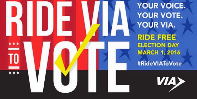 PuroPincheSA's tweet photo. It's #SuperTuesday! Ride Via to Vote! FREE @Via_Transit rides today with a valid voter registration card! #voteSA https://t.co/Iof6OsQ4qR