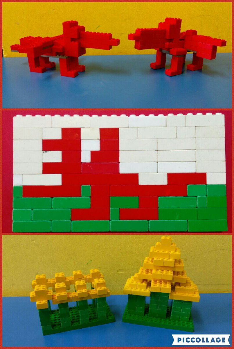 brynmillmrsh's tweet photo. Lego daffodils, Welsh flag and dragons made by talented children. Ardderchog! Dydd Gwyl Dewi Hapus! https://t.co/AQrNvtifP3