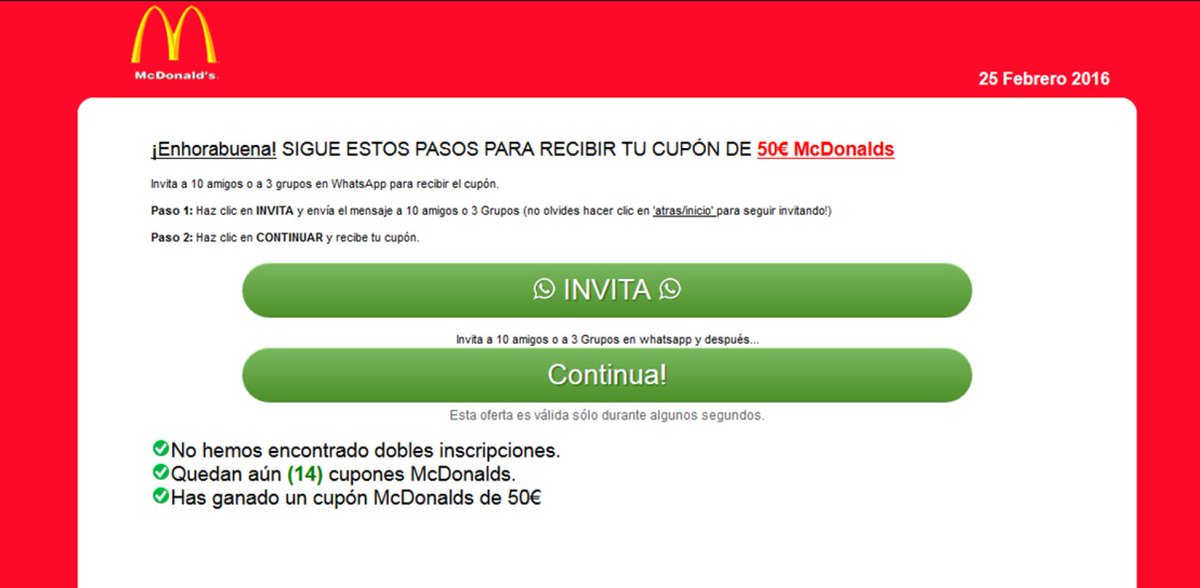 KasperskyES's tweet photo. ¡OJO! ¡No piques! Un falso cupón de #McDonald's roba datos personales en #WhatsApp https://t.co/nBu0MGriPN #estafas https://t.co/QYkvd0tIll