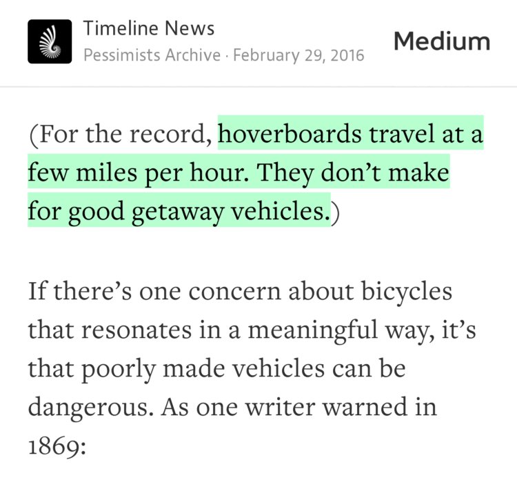 “…hoverboards travel at a few miles per hour. They don’t make for good getaway vehicles.…” from “Today’s hoverboard hysteria isn’t so different from the early panic around bicycles” by Pessimists Archive.