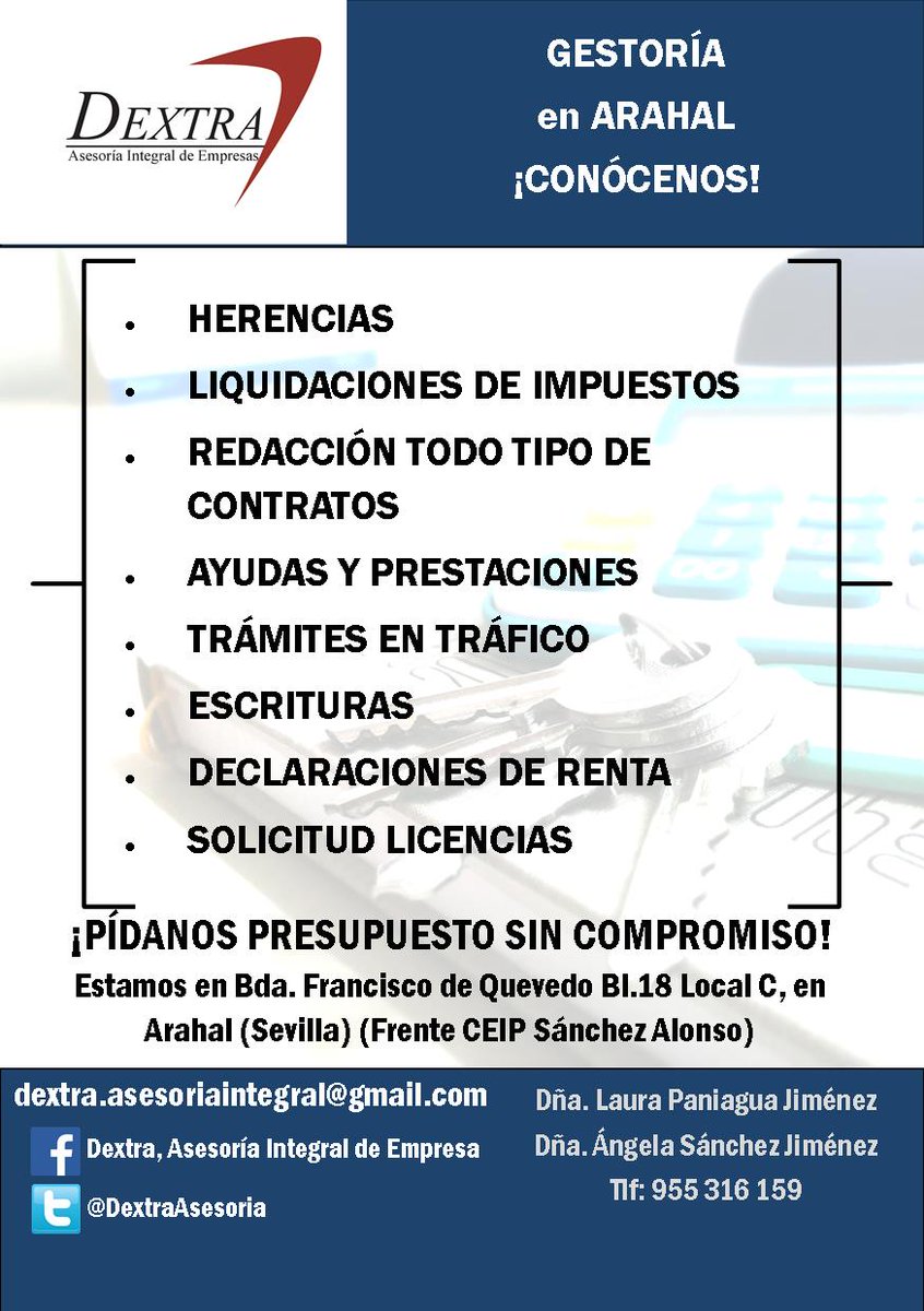 TRÁMITES ADMINISTRATIVOS - HERENCIAS - LIQUIDACIÓN IMPUESTOS - AYUDAS Y SUBVENCIONES #Arahal #Dextra Consúltanos