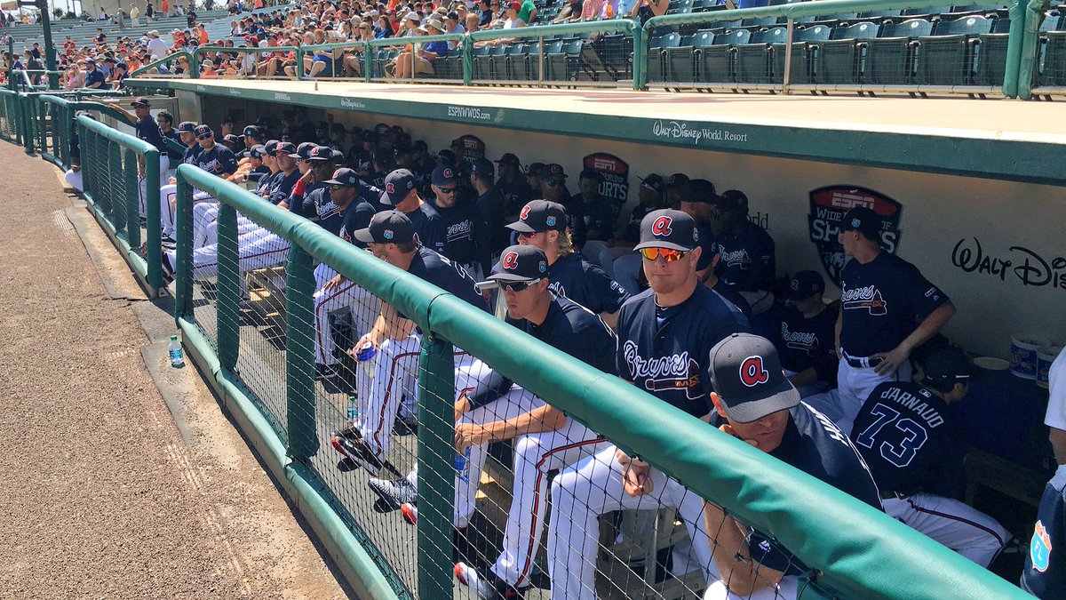 Braves's tweet photo. Standing room only in the dugout! #BravesST https://t.co/weafIcvJTy
