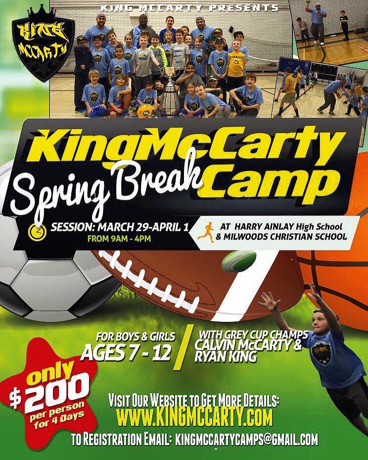 "SHARE" or "TAG" someone that might be interested in Spring Camp March29 Age 7-12= WIN a KingMcCarty Prize pack #yeg