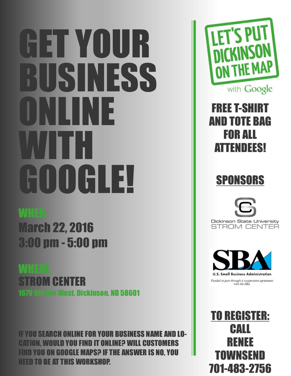 stromcenter's tweet photo. We’re partnering with Google to put every business in Dickinson on the map. Join us on March 22, 2016. https://t.co/MKyvDpU8rL