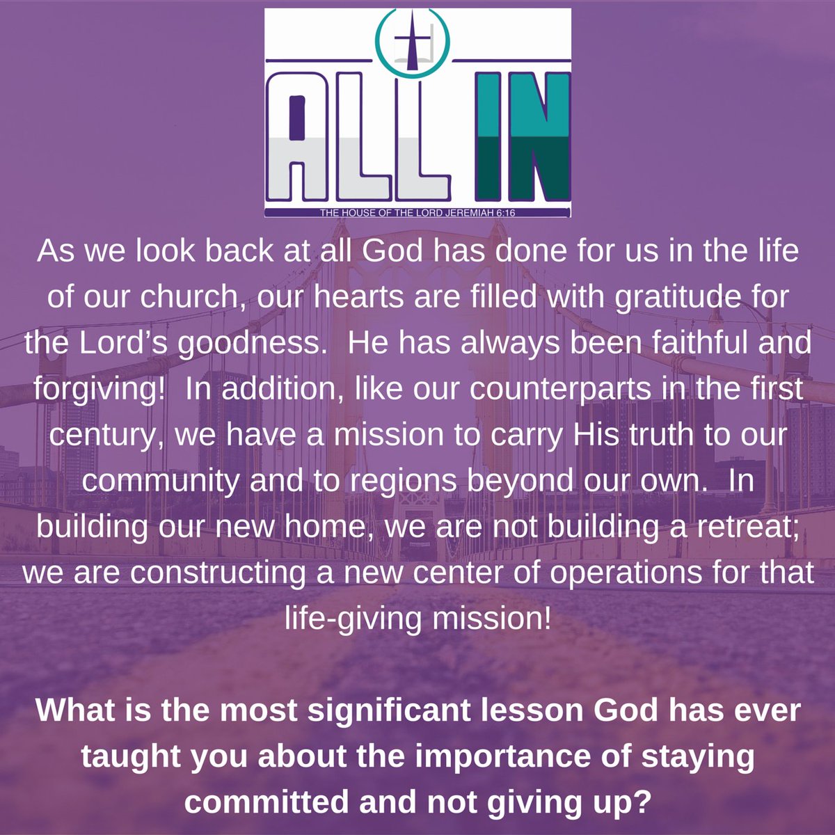 THOTLChurch's tweet photo. Can we chat? Tell us what has God taught you about the importance of staying committed and not giving up? #AllIn https://t.co/yT5hQqokwx