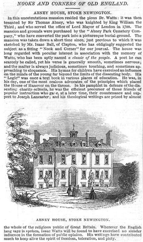 HistoryOfStokey's tweet photo. 1845 - Nooks and Corners of Old England: Abney House, Stoke Newington. Stood on Church St where cemetery gates are. https://t.co/HrWb3V3Ksr