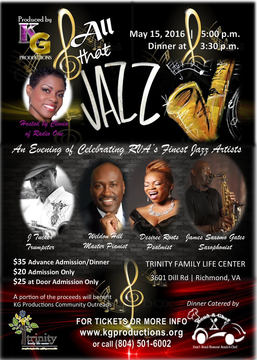 KGProdLLC's tweet image. “An Evening of Celebrating RVA’s Finest Jazz Artists”
May 15th, 2016 at 5 pm
4 TICKETS KGPRODUCTIONS.ORG