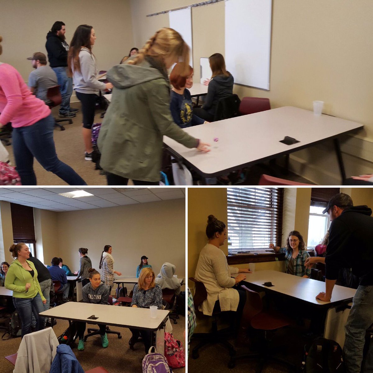 FairmontCOBA's tweet image. #FunwithStats in #BSBA3310 determined probability using a bouncy ball and a plastic cup.