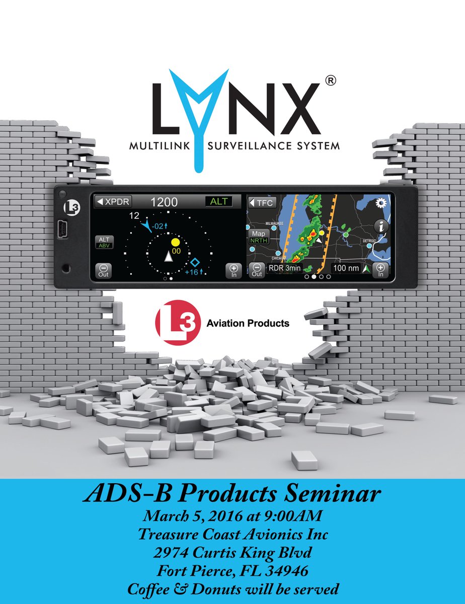 TCAvionics's tweet photo. Don't forget our seminar this Saturday at 9am. #adsb #l3com #lynx #avionics #kfpr #fortpierce #aviation #pilot #fly https://t.co/INvrYPA786