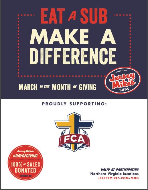 EnergySherlock's tweet photo. NOVA Friends!  Please help support Fellowship of Christian Athletes on March 30th by Visiting @jerseymikes #NOVA https://t.co/ucpP5bE4Yd