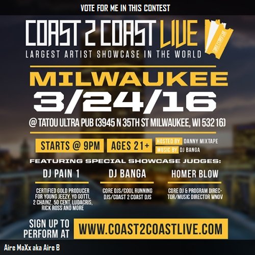 Vote for me to perform at #Milwaukee Edition 3/24/16! https://t.co/Wenu2c1aJT #Coast2Coast https://t<a href="/tag/milwaukee"class="tags">#Milwaukee</a><a href="/tag/coast2coast"class="tags"><span>#coast2coast</span></a>