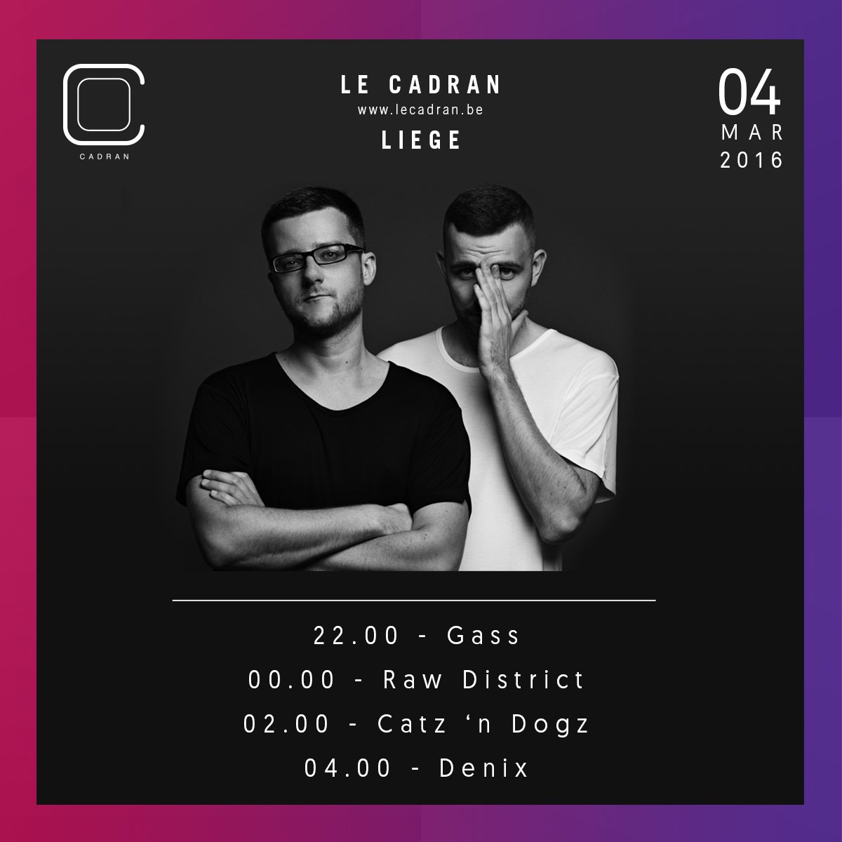 Timetable for this friday at <a href="/CadranLiege/">Superdarkr.</a> with Catz 'n Dogz #clubbing #liège #cadran