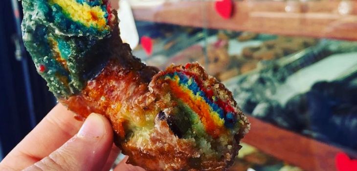 KaravanKitchen's tweet photo. Rainbow doughnuts available at Moe's in Greenpoint, Brooklyn  https://t.co/63lQf73oCX https://t.co/GXKQEyxupA