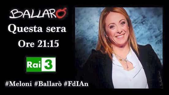 GiorgiaMeloni's tweet photo. Questa sera alle ore 21.15 interverrò a @RaiBallaro su @RaiTre. In streaming su: https://t.co/dzZR7Gahef #Ballarò ST https://t.co/LeZSkEAhQd