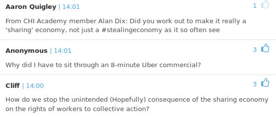 notconfusing's tweet image. &quot;Why did I have to sit through an 8-minute Uber commercial?&quot; Top questions for #sharingeconomy panel at #cscw2016