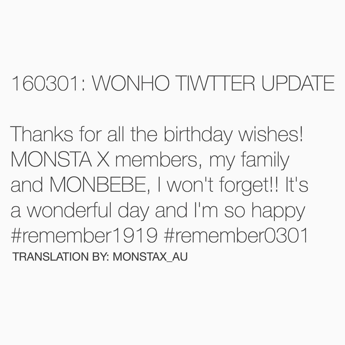 MONSTAX_AU's tweet photo. 160301: #원호 TWITTER UPDATE #remember1919 #remember0301 - @OfficialMonstaX https://t.co/aWnda8abgf