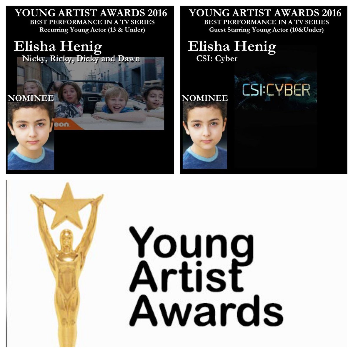 JohnDAquinosAW's tweet photo. Another double @YoungArtistAwds Nomination! Congrats @Elisha_Henig! #BestPerformanceInATVSeries @CSICyber @NRDandDtv https://t.co/tuNmAZ6x8Y