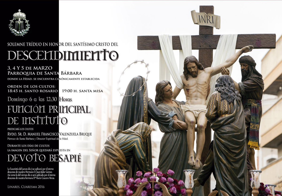 DescenLinares's tweet photo. Convocatoria de Cultos.
Triduo y Función Principal de Instituto al Sagrado Descendimiento. https://t.co/6Aj5RPkXgN