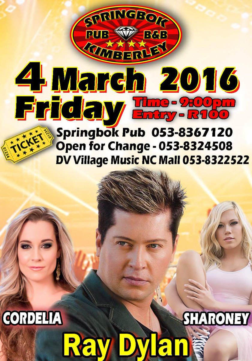 MatayoEvents's tweet image. Onthou @raydylanrocks @SharoneyMedia @Cordelia_Live by Springbok Pub in Kimberley Vrydag 4 Maart. Kaartjies R100 p/p