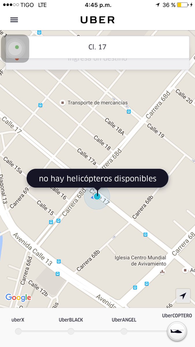 helena_au's tweet photo. Cómo así que no hay helicópteros disponibles en la zona? Que clase de servicio es este?? Jajaja Lo máximo!! #UberHit https://t.co/AYu0UwHPAr