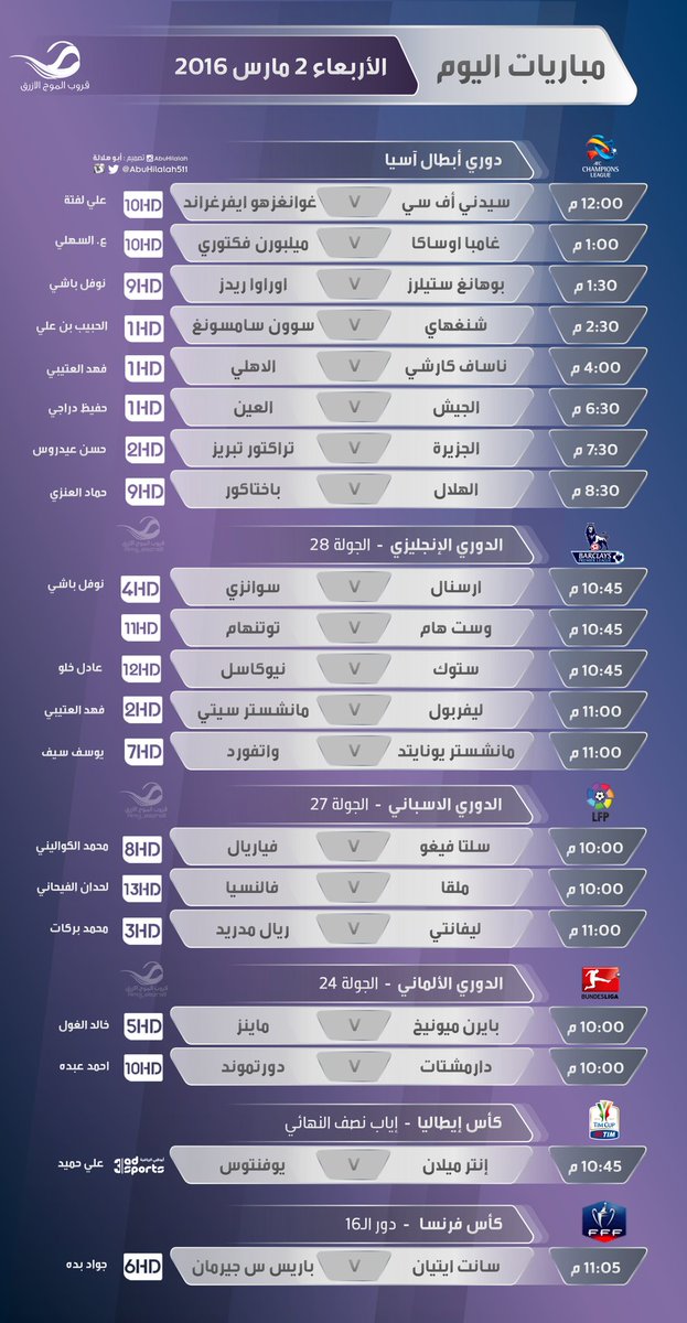 #مباريات_اليوم

اﻷربعاء 2 مارس

" المواعيد + القنوات الناقلة + المعلقين "