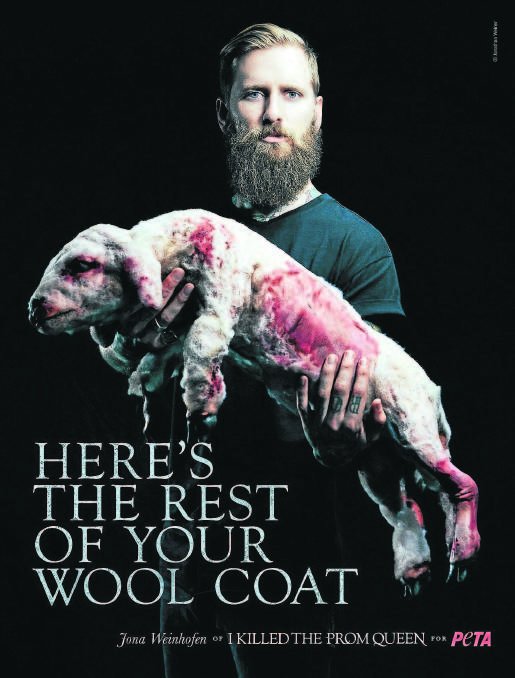 Warwick_Long's tweet photo. Here is the old Peta ad that used the fake sheep and new one. Also note the naked woman and clothed man. https://t.co/4cS8OH3o4p