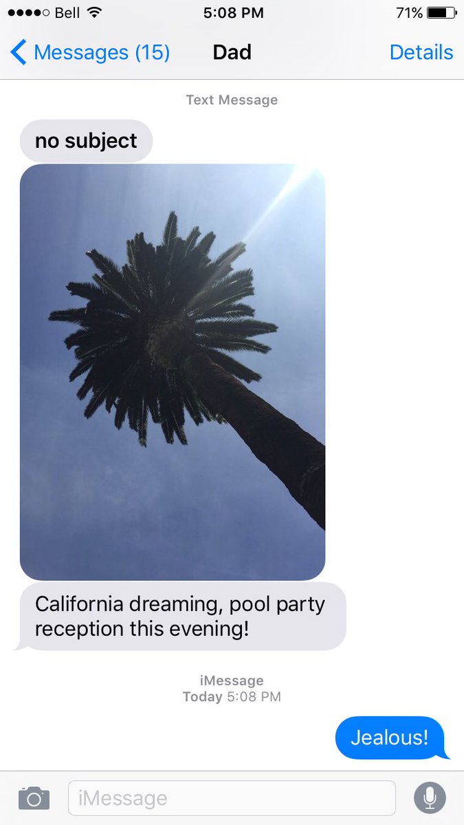 hiRacine's tweet photo. What ur dad texts u during a snow storm .... I should be in Cali rn https://t.co/F3Z8exUe57