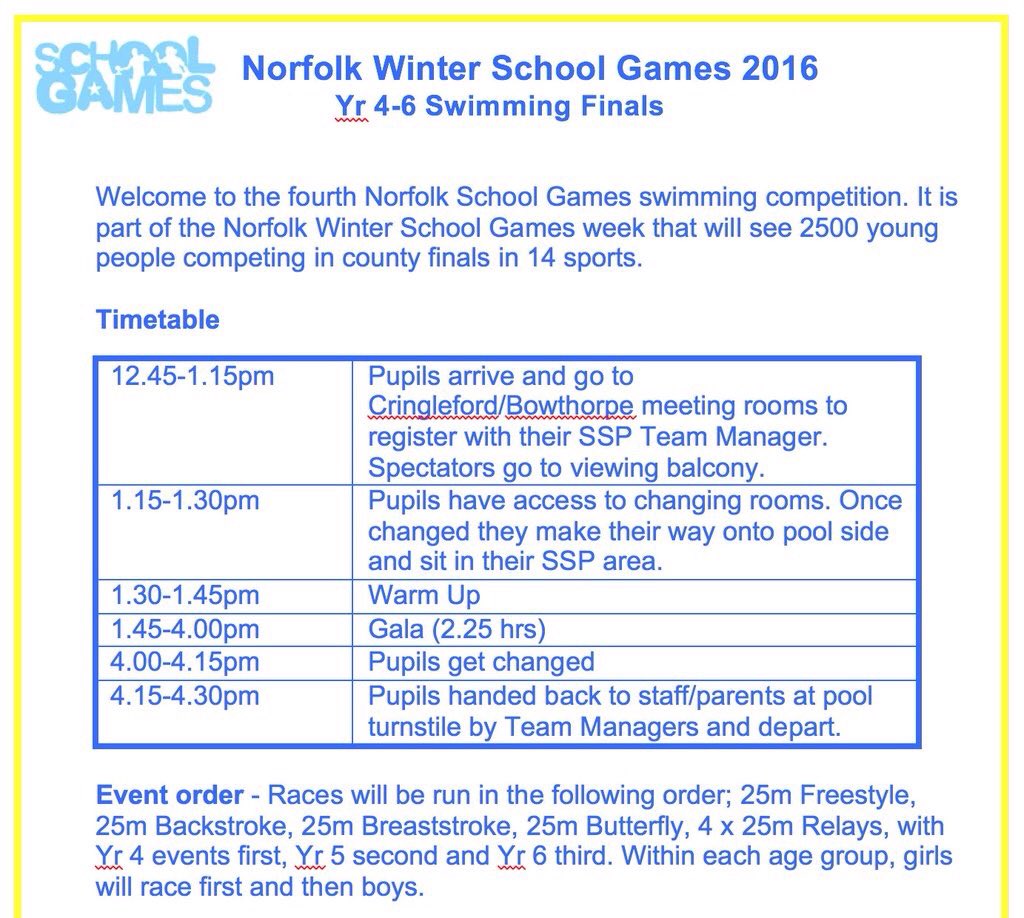 NorfolkSchGames's tweet photo. PLEASE NOTE the amended timings for tomorrow's two swimming galas. https://t.co/mCQg1o40zU