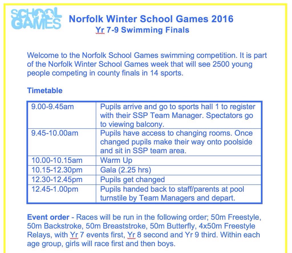 NorfolkSchGames's tweet photo. PLEASE NOTE the amended timings for tomorrow's two swimming galas. https://t.co/mCQg1o40zU