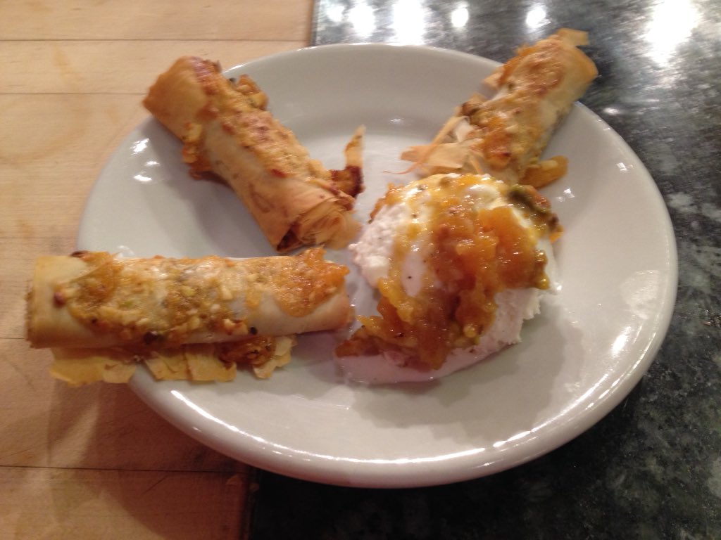 whiskbakerynj's tweet image. Apricot Glazed Pistachio Cigars with Vanilla Ice Cream #surlatable #greekclass #iusebutter  #fearlesscooking