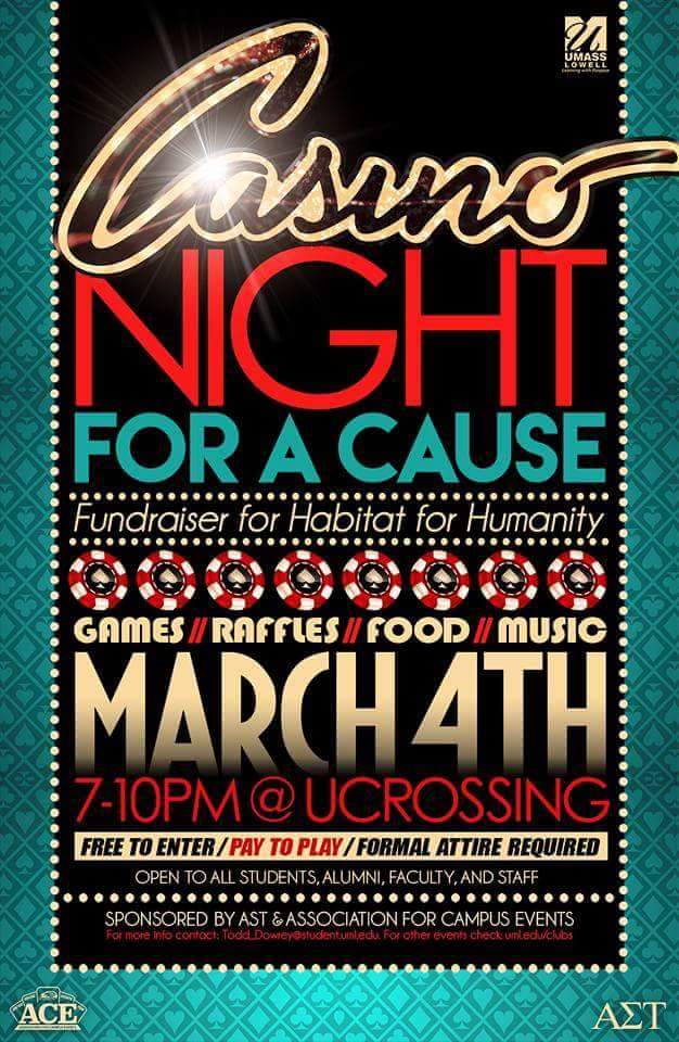 UML_ACE's tweet photo. Mark your calendars! Friday from 7-10 join us at UCrossing for Casino for a Cause. Games, raffles, food, and music. https://t.co/hqUEQAGxx5