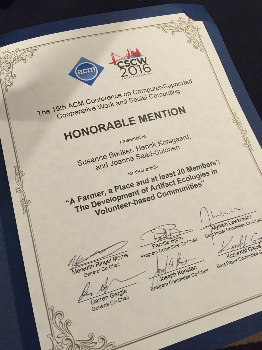 jsaadsu's tweet image. Honorable mention for @professorBodker @heenrik @jsaadsu @ParticipatoryIT #cscw2016 :)