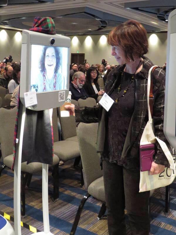 cmuhcii's tweet image. a great photo of in-person Sara Kiesler chatting w/ telepresence robot @mizjodi at #cscw2016