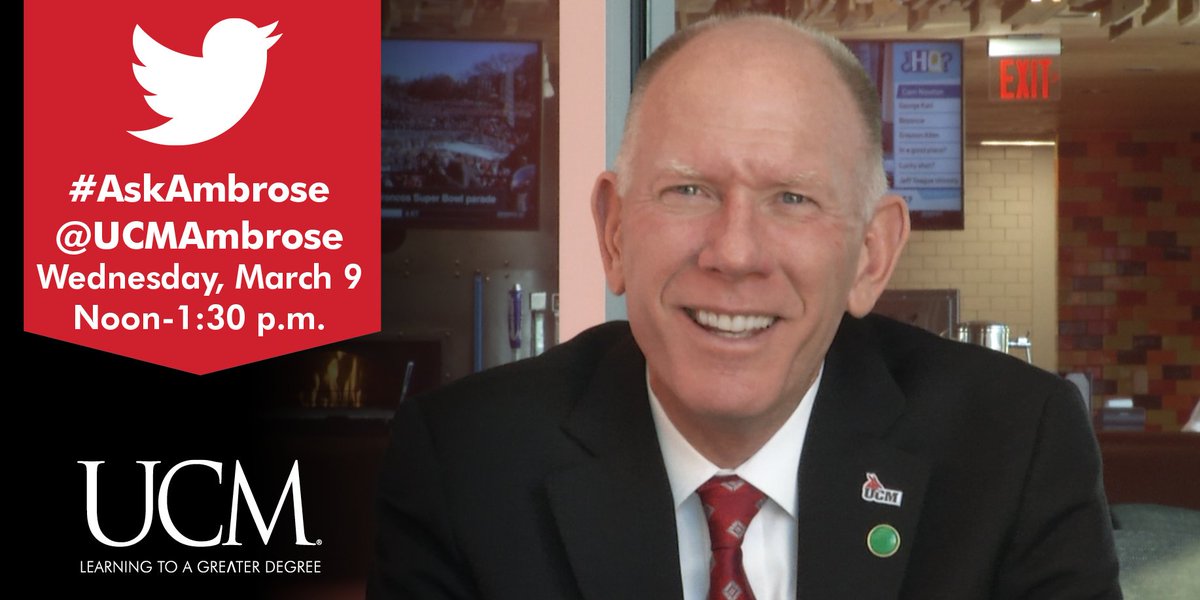 UCentralMO's tweet photo. Have a question for @UCMAmbrose? Join the #AskAmbrose Tweet Chat next week! https://t.co/MopSQM2BWM