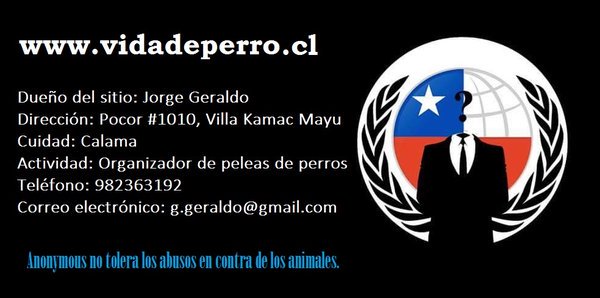 OpFreeVenezuela's tweet photo. vidadeperro.cl   | HACKED

Site attacked by promoting clandestine dog fights in Chile.

by, Anonymous 

#Chile https://t.co/f894UV5UDA